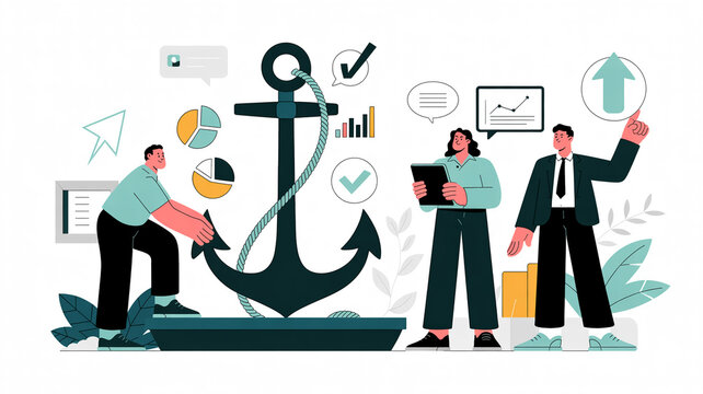 a vector illustration depicting business strategy and teamwork. an anchor symbolizes stability while charts and graphs represent growth. ideal for corporate presentations and websites.