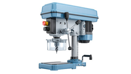 Industrial drill press, light-blue and gray, showing controls and drill bit