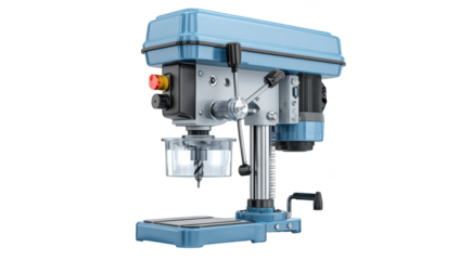 Industrial drill press, light-blue and gray, showing controls and drill bit