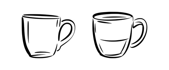 Two black line art mugs one empty one with liquid drink beverage