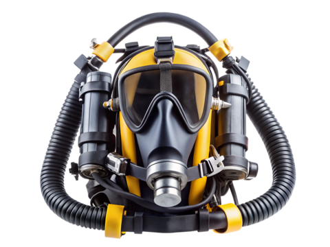 A gas mask for safety and protection, industrial equipment for chemical hazards and emergency situations isolated on transparent background