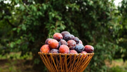 Plums in a woven basket in a garden