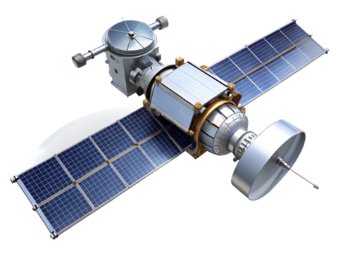 Satellite with solar panels and antenna isolated on transparent background, a symbol of space exploration and technological advancement