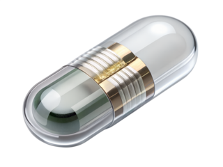 A futuristic medical capsule isolated on transparent background, symbolizing advanced healthcare and pharmaceutical technology