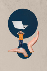 Sketch 3d art pop image collage of human hand hold freelancer businesswoman businessman laptop device it-specialist programmer