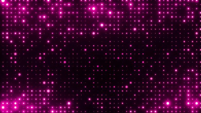 Purple glowing blinking lights. Grid pattern with random size dots. Shimmering particles abstract background for festive design, New Year. 4K loop animation.