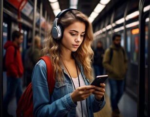 A girl in headphones with a smartphone in her hands rides in a subway car