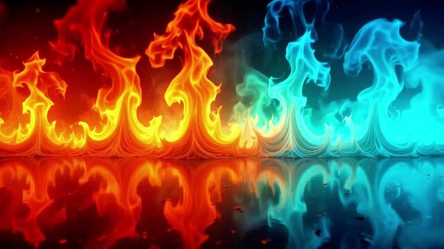 Dynamic contrast of vibrant red-orange fire and cool blue flames dancing with mesmerizing reflections on a dark, glossy surface, evoking power and duality.