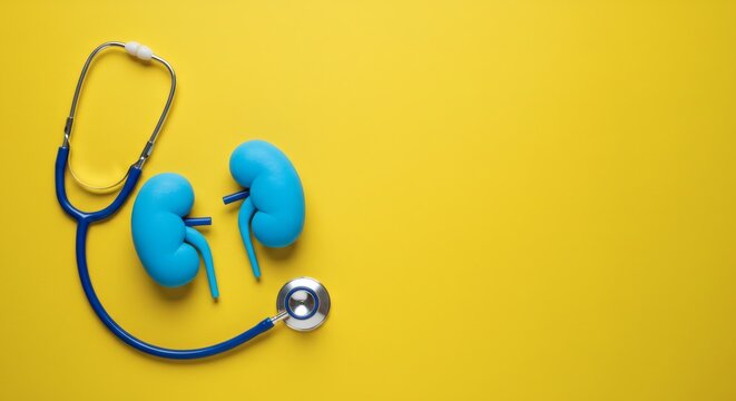 Kidney Care Blue Organs  Stethoscope on Bright Yellow Backdrop. - Powered by Adobe
