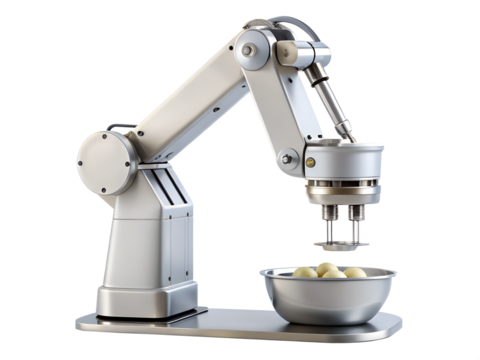 Robotic arm isolated on transparent background, showcasing advanced automation technology for precise food preparation and industrial applications
