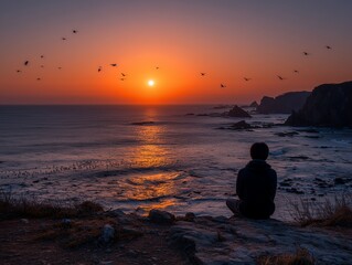 Fototapeta premium 夕日を眺める海辺の男性
