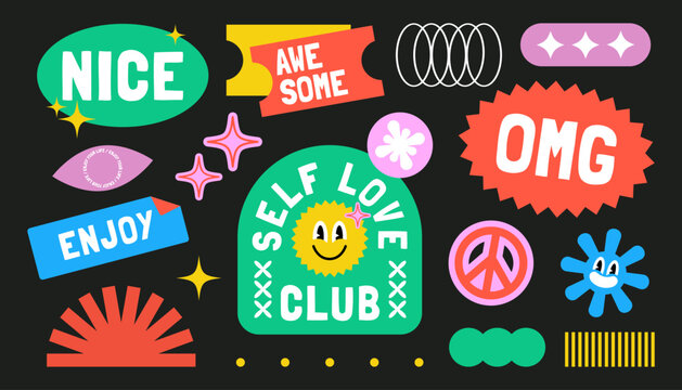 Retro Y2K vector set with funky stickers patches and labels, groovy trendy graphics inspired by Gen Z and Millennials, self love club style, perfect for fashionable and creative design projects