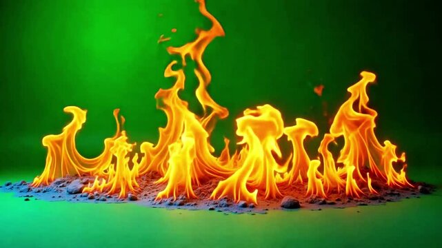 Vibrant orange flames dance dynamically across a sandy surface against a captivating deep green backdrop, creating a powerful visual spectacle of energy and transformation.