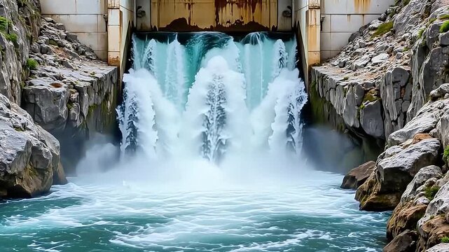 Powerful water torrent cascades from industrial dam into turbulent river below amidst rocky terrain