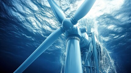 Underwater view of offshore wind turbine with sunlight shimmering through ocean water