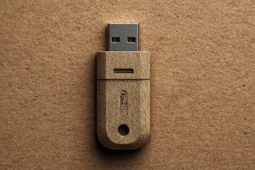 A close up of a wooden usb drive on a textured brown surface showing the connector and design details