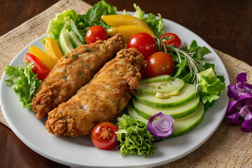 Crispy chicken tenders with fresh salad and vegetables tomatoes cucumbers