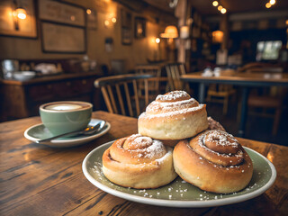 Flaky Danish Pastries with Powdered Sugar and Coffee at a Cafe