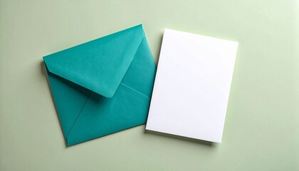 Teal Envelope and Blank Card on Green Background