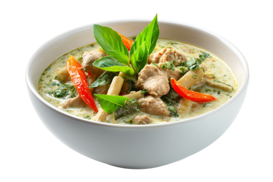 Delicious green curry with chicken, fresh basil, and vibrant vegetables creates mouthwatering dish. combination of flavors and colors makes it visually appealing and appetizing