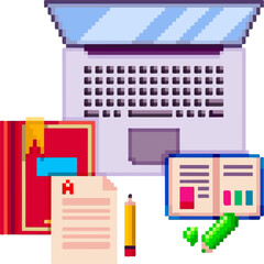 set of study equipment laptop and books pixel art style illustration