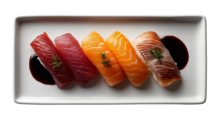 Top down flat lay shot of minimalist sushi platter featuring vibrant slices of fish, elegantly arranged on white plate with touch of soy sauce, evoking sense of culinary artistry and freshness