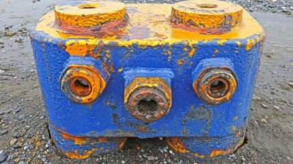 Close-up of a weathered and colorful industrial block showing signs of rust and corrosion