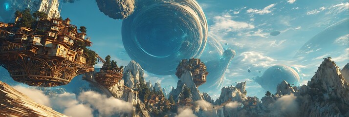 Gravity-inverted civilization where time bubbles trap floating homes and blue halos