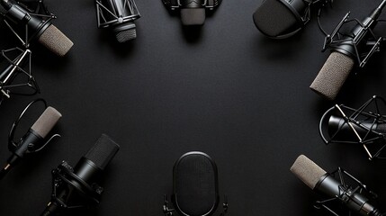 Naklejka premium Framed composition with condenser mics and regular microphones around the corners of a deep black background, leaving the center open and empty.