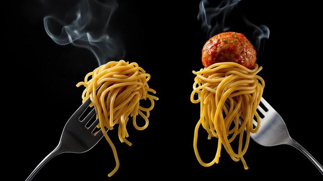 Two forks with swirling spaghetti, one with a meatball on top, creating a playful and dynamic food concept on a dark background.