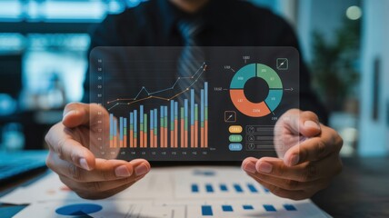 Businessman Analyzing Financial Data on Holographic Interface: Modern Technology, Growth Charts, Positive Trend