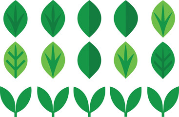 Collection of stylized green leaves in various designs and shades