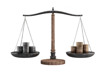 Antique scale comparing coin stacks. Concept of balance, finance, and wealth