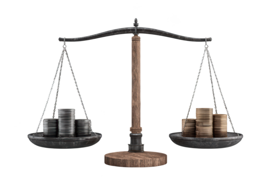 Antique scale comparing coin stacks. Concept of balance, finance, and wealth