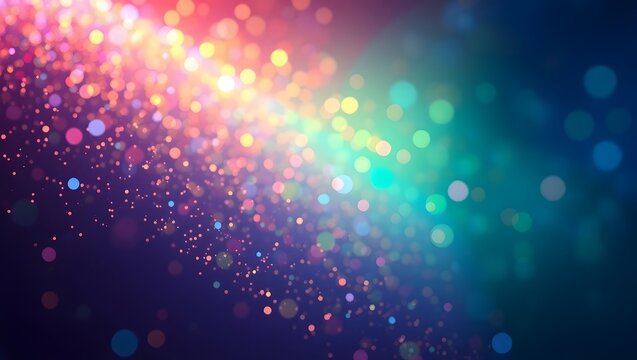 Ultra realistic rainbow glitter background with vibrant glowing bokeh particles and smooth copy space
