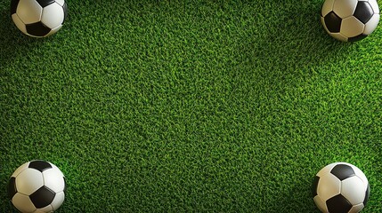 High-resolution sports-themed background featuring soccer and rugby balls on the edges of a green field, with the central area of the grass field left blank.