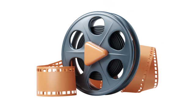 3D film reel icon with orange play button and filmstrip, on black