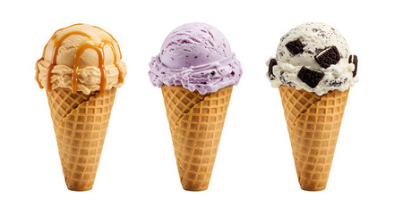 Three ice cream cones offering delicious flavors in a waffle cone. These sweet treats are perfect for a hot day. The ice cream offers a variety of flavors that caters to many tastes.