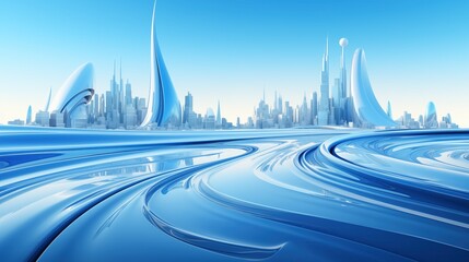 3D illustration of futuristic cityscape with sleek metallic buildings and flowing blue water waves, abstract urban landscape combining smooth curves and sharp edges