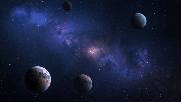 Vast celestial sky with a multitude of planets of varying sizes and colors, set against universe filled with stars, galaxies, and nebula. - Powered by Adobe