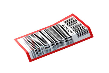 Angled barcode label with red border, black and white stripes, and numerical data