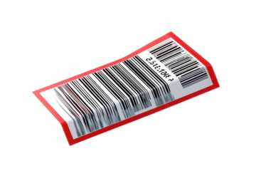 Angled barcode label with red border, black and white stripes, and numerical data