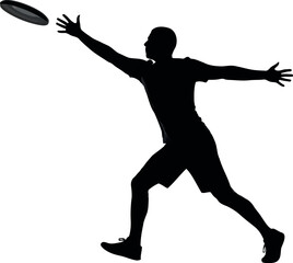 Dynamic silhouette of a man catching a disc in mid-air athleticism and action captured in a bold black shape vector
