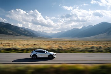 Obraz premium Vehicle driving on a long highway through green mountains and valleys with sun shining brightly