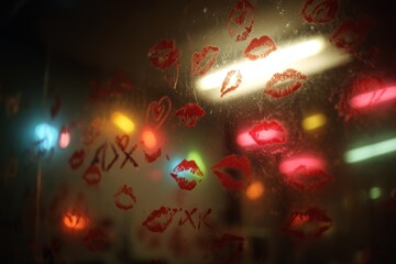 many red kiss marks on dirty glass, passion