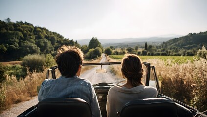 Young couple driving in an open top convertible car along a scenic country road towards mountains