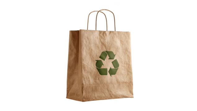 Brown paper shopping bag with a recycle symbol