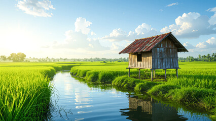 Obraz premium Serene sunrise over lush green rice paddy fields with a rustic wooden hut on stilts by a calm waterway. Perfect for travel, nature, and agriculture concepts.