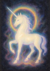Ethereal unicorn amidst cosmic aura.
