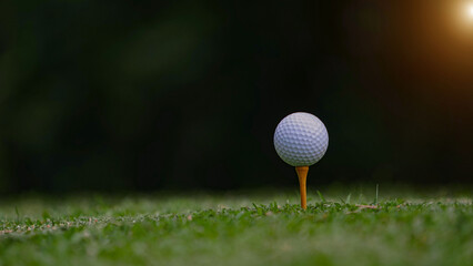 Golf ball on tee in a beautiful golf course with morning sunshine.